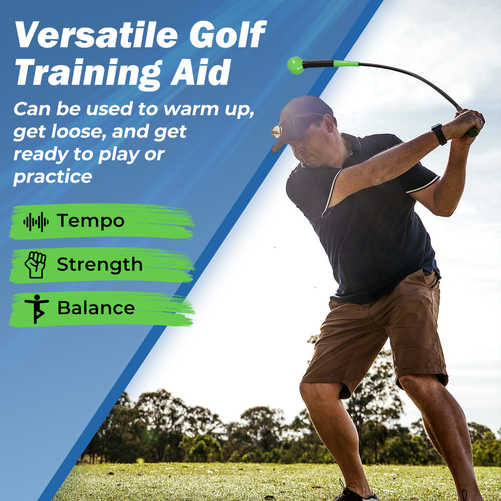40-inch golf swing trainer aid with weighted head for grip, rhythm, and balance, ideal for warming up before play.