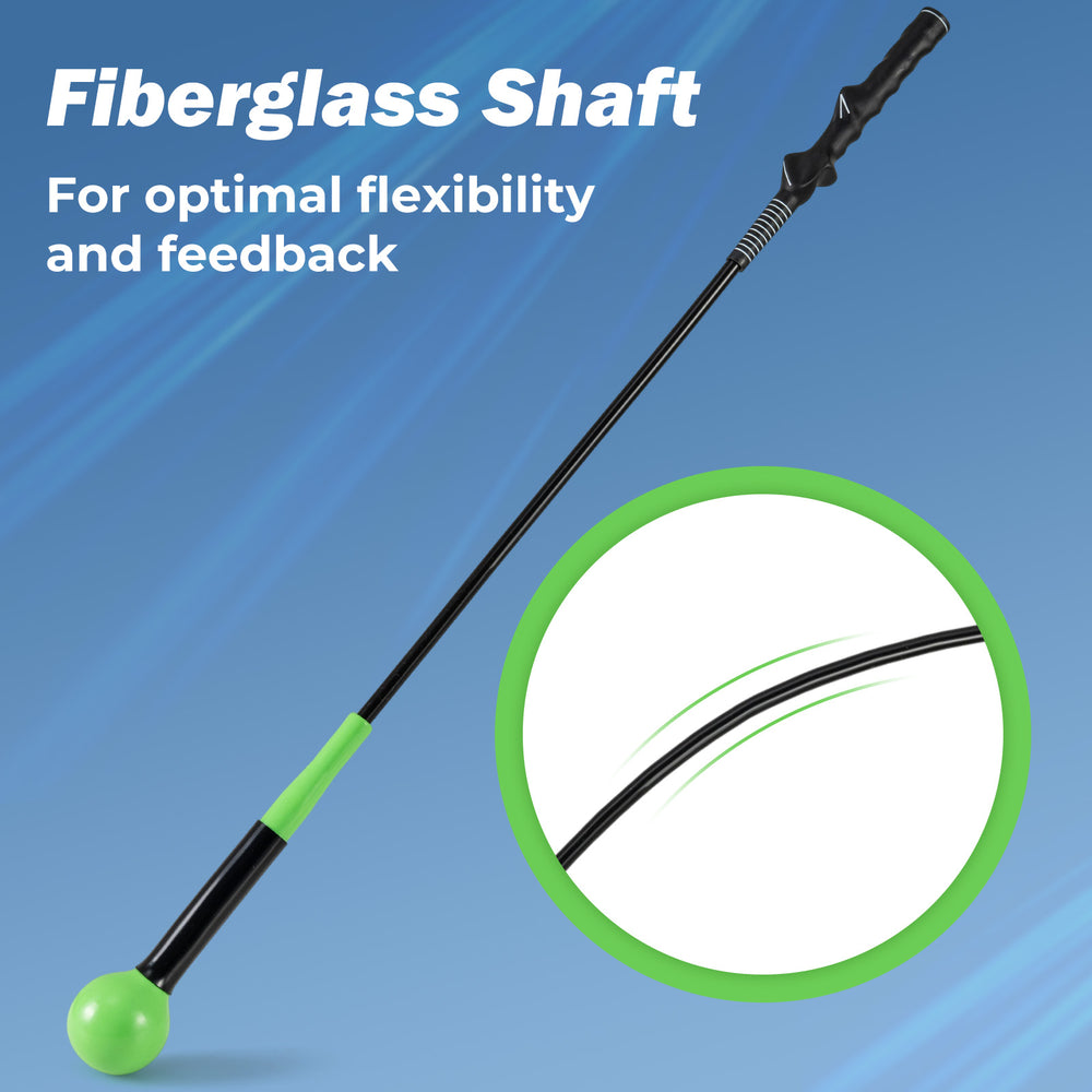 40-inch golf swing trainer aid with a fiberglass shaft and weighted head, designed for grip and balance improvement.