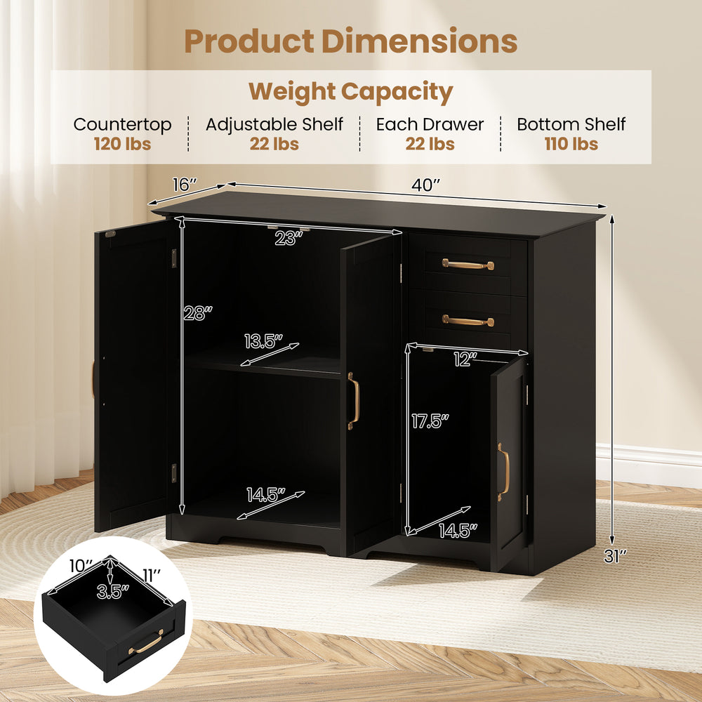 Modern black kitchen sideboard buffet cabinet with adjustable shelf and two drawers, perfect for organized storage.
