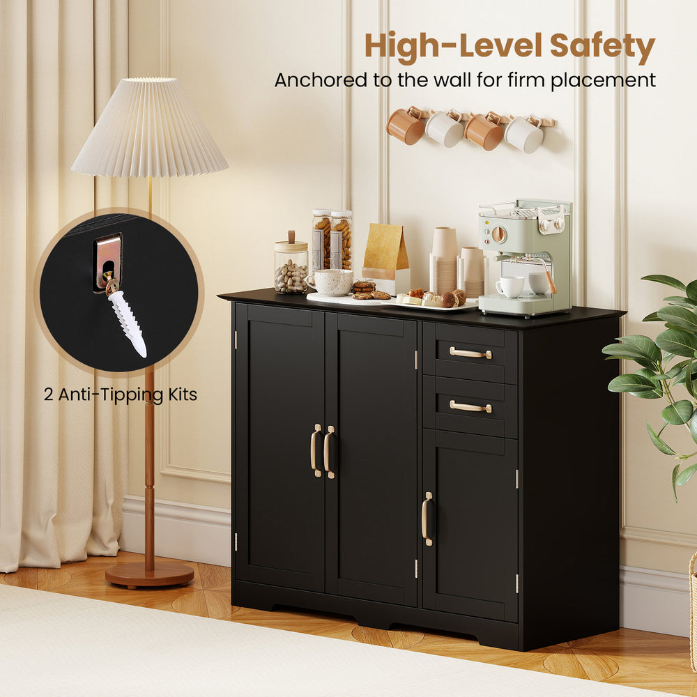 Black 40-inch modern kitchen sideboard buffet cabinet with 2 drawers, adjustable shelf, and anti-tipping kits for.
