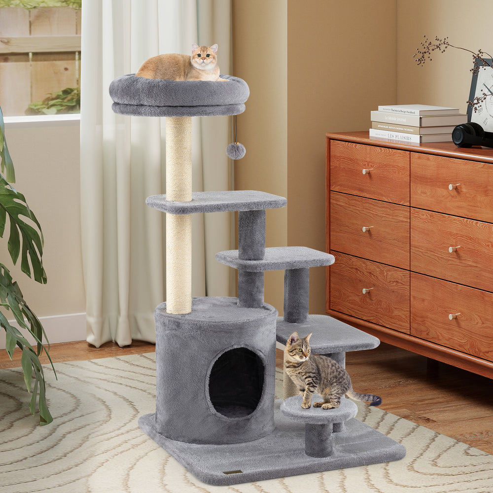 Gray multi-level cat tower featuring an elevated perch and spacious condo, perfect for lounging and playtime activities.