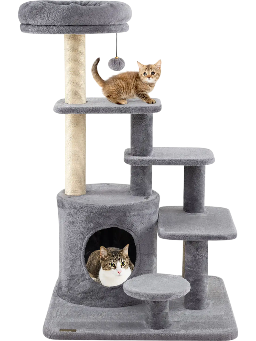 Gray cat tower with spacious condo, sisal scratching posts, and elevated perch for climbing and cozy hideouts.