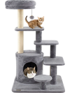 Gray cat tower with spacious condo, sisal scratching posts, and elevated perch for climbing and cozy hideouts.