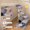 Multi-level cat climbing frame in gray with condo, scratching posts, and dangling jingle ball for playful cats.
