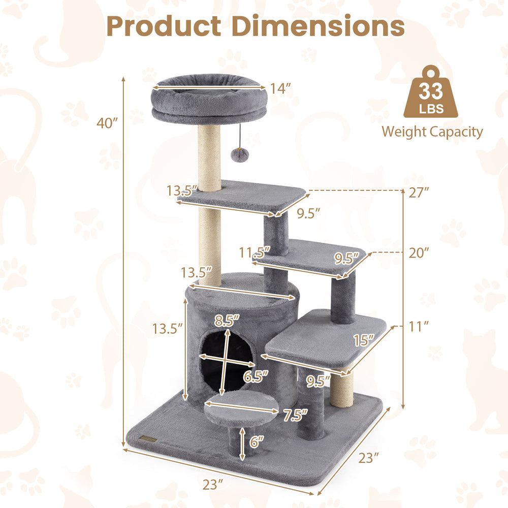 Multi-level gray cat tower with condo, scratching posts, and dangling jingle ball, measuring 40 inches tall.