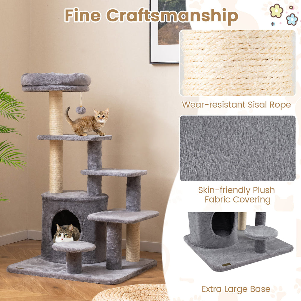 Multi-level 40-inch cat tower in gray with condo, sisal scratching posts, and dangling jingle ball for playful cats.
