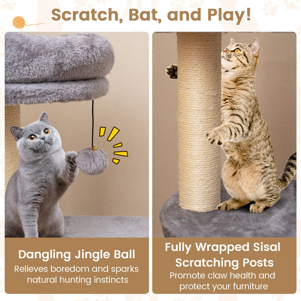 Multi-level cat tower in gray with dangling jingle ball and sisal scratching posts for claw health and play.