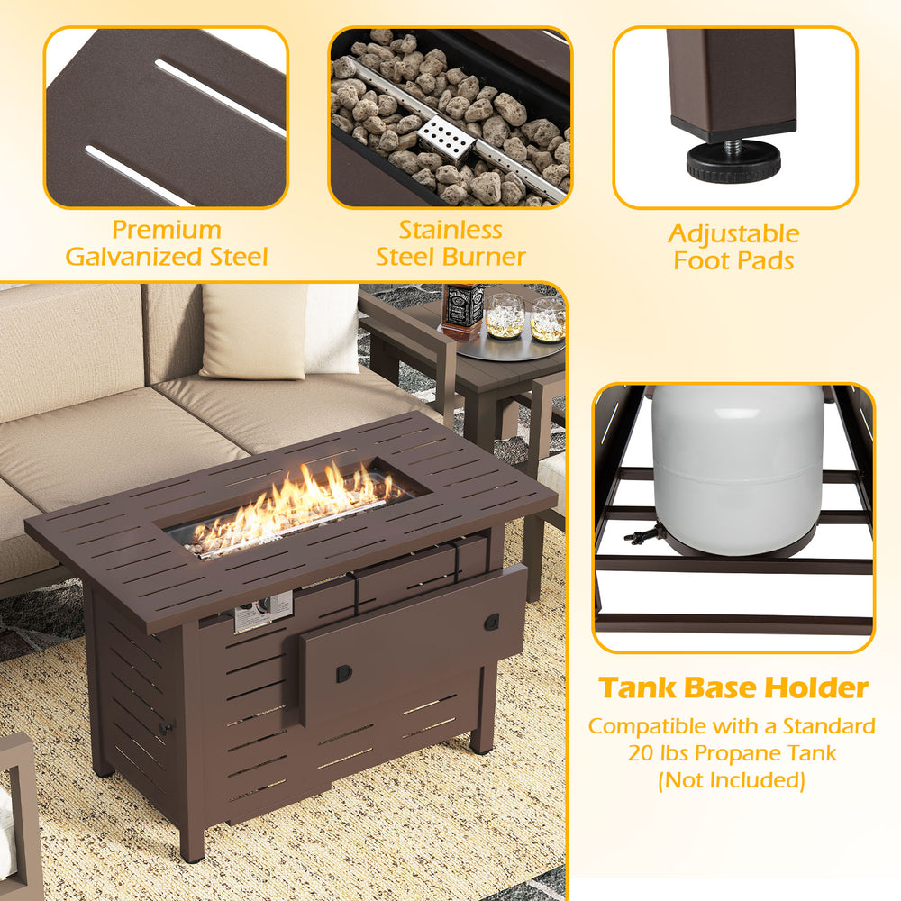 40-inch brown outdoor propane fire pit table with stainless steel burner and lava rocks, perfect for patio gatherings.