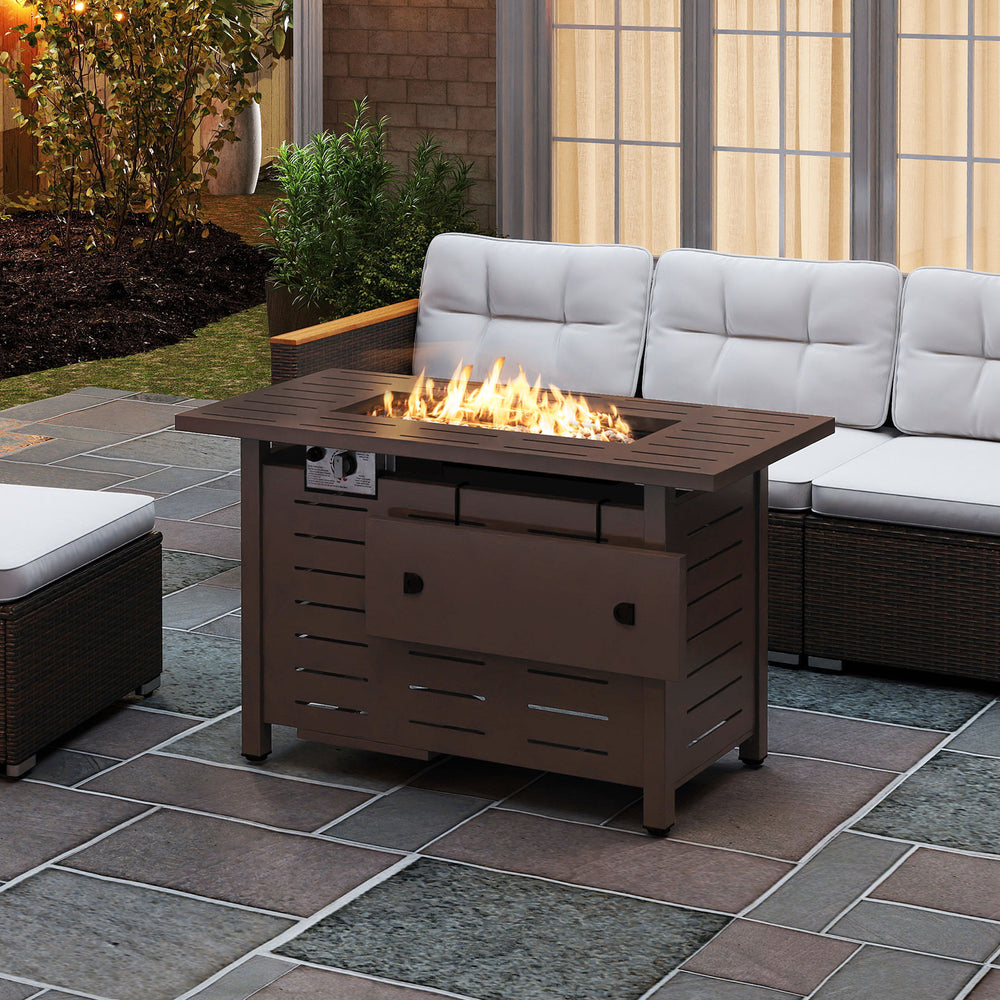 Rectangular 40-inch outdoor propane fire pit table in brown, featuring adjustable flames and lava rocks for patio.
