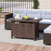 Rectangle gas fire table in brown with removable lid, lava rocks, and hooks, perfect for outdoor gatherings.