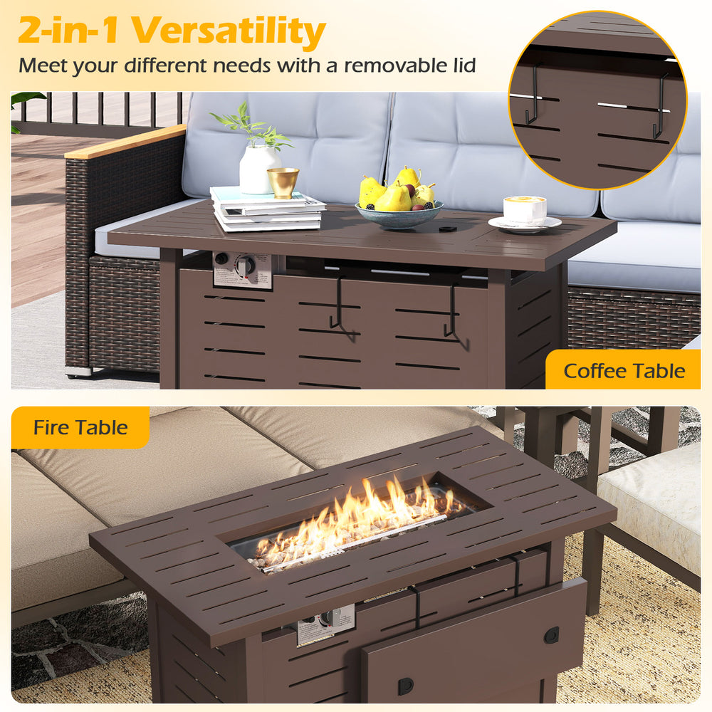 Rectangular 40-inch outdoor propane fire table in brown, featuring a removable lid and lava rocks for versatile use.