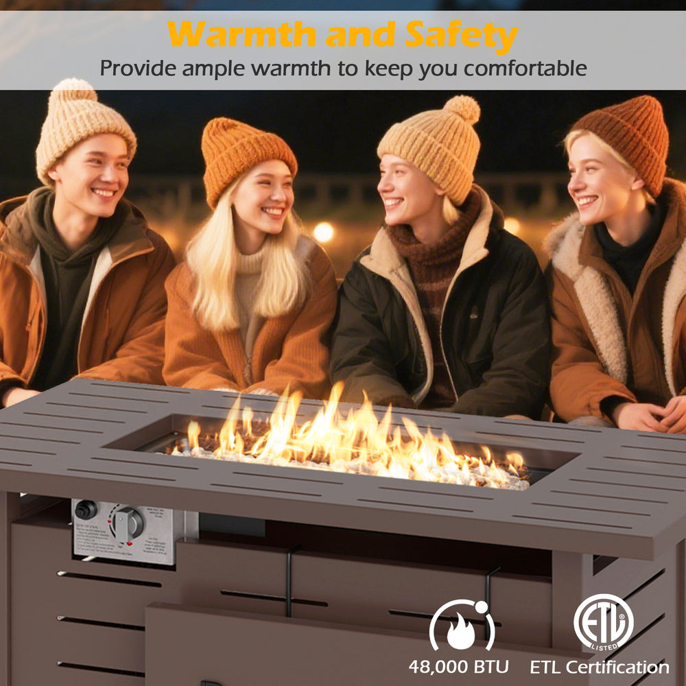 40-inch brown outdoor propane fire pit with adjustable flames and lava rocks, perfect for patio gatherings and ambiance.