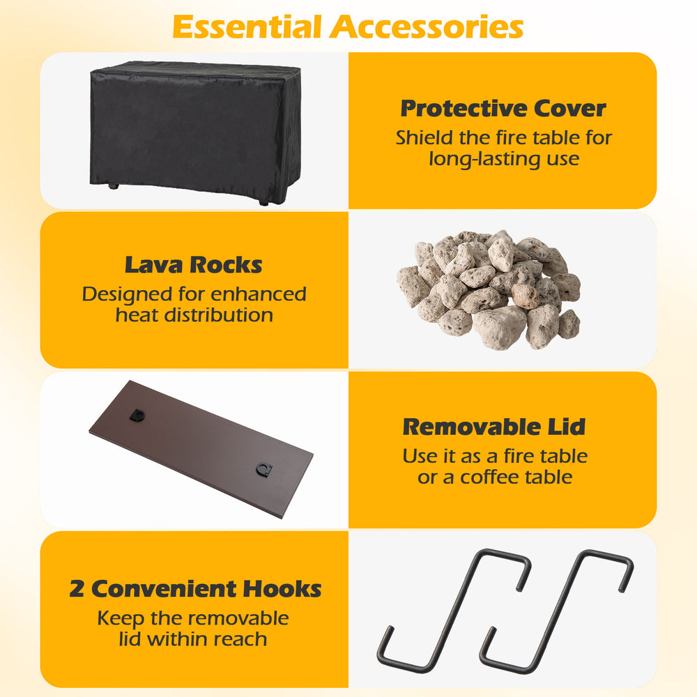 Removable lid for 40-inch outdoor propane fire pit, brown, with lava rocks for enhanced heat distribution and.