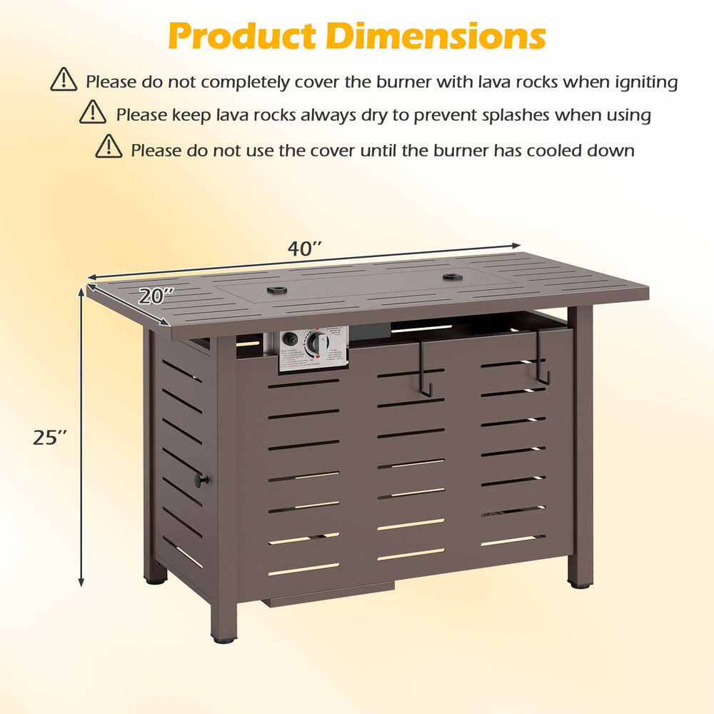 40-inch brown outdoor propane fire pit table with removable lid, lava rocks, and adjustable flames for patio gatherings.