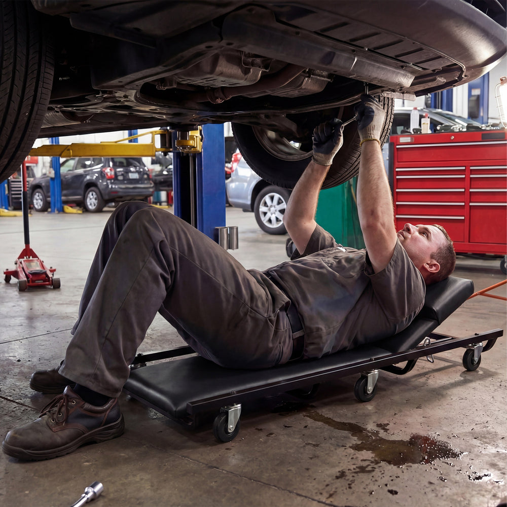 Padded mechanic creeper with adjustable backrest, designed for comfort and easy access under vehicles in workshops.