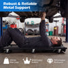 Rolling mechanic creeper with adjustable backrest, padded support, and durable metal frame for garage repairs.