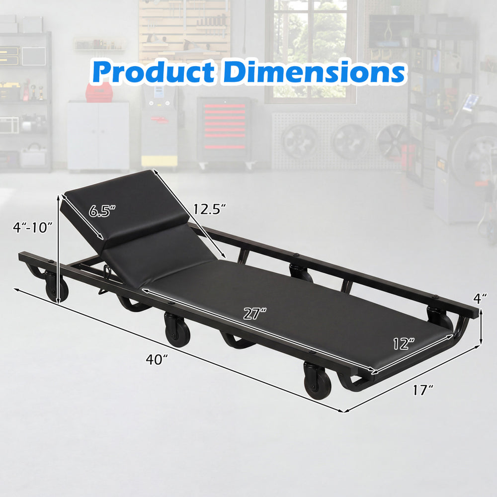 Rolling mechanic cart dimensions with adjustable backrest, padded comfort, and durable black metal frame for garage use.