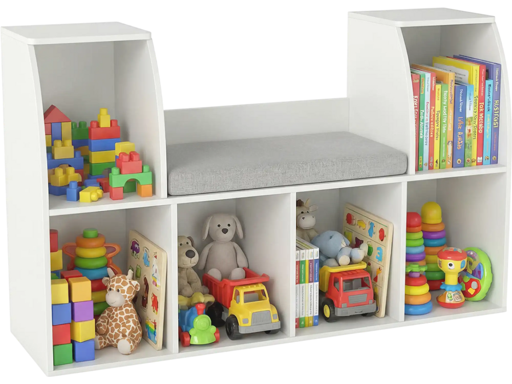 Kids bookshelf with reading nook in white, featuring 6 open cubes for toys and books, plus a removable cushion for.