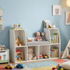 Kids bookshelf with reading nook, featuring 6 open cubes, white finish, and a removable cushion for comfortable story.