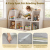 Kids bookshelf with reading nook, featuring a thick padded cushion and 6 open cubes for books and toys in white.