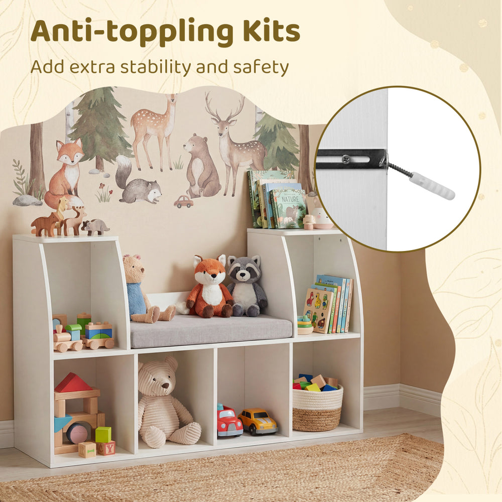 Kids bookshelf with reading nook in white, featuring 6 open cubes and anti-tipping kits for added stability and safety.