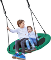 Round green saucer tree swing for kids, featuring adjustable ropes and a spacious design for comfortable play outdoors.
