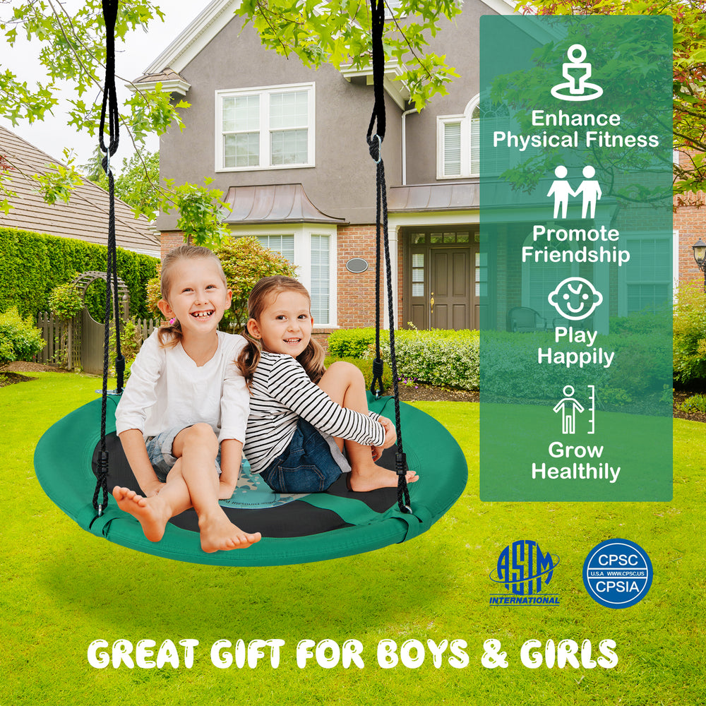 40-inch green saucer tree swing with adjustable ropes, ideal for two kids, promotes outdoor play and friendship.