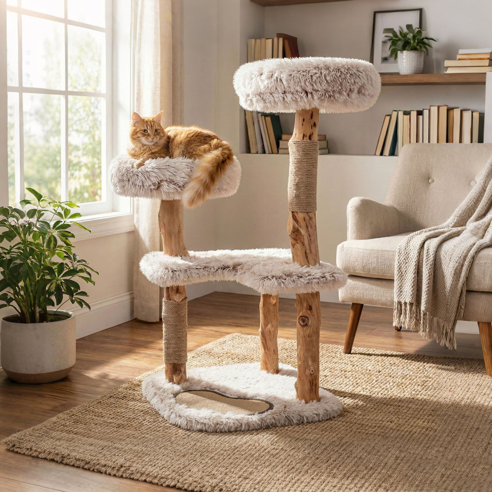 Modern cat tree tower featuring luxury real wood branches, two padded perches, and a stylish Boho design for pets.