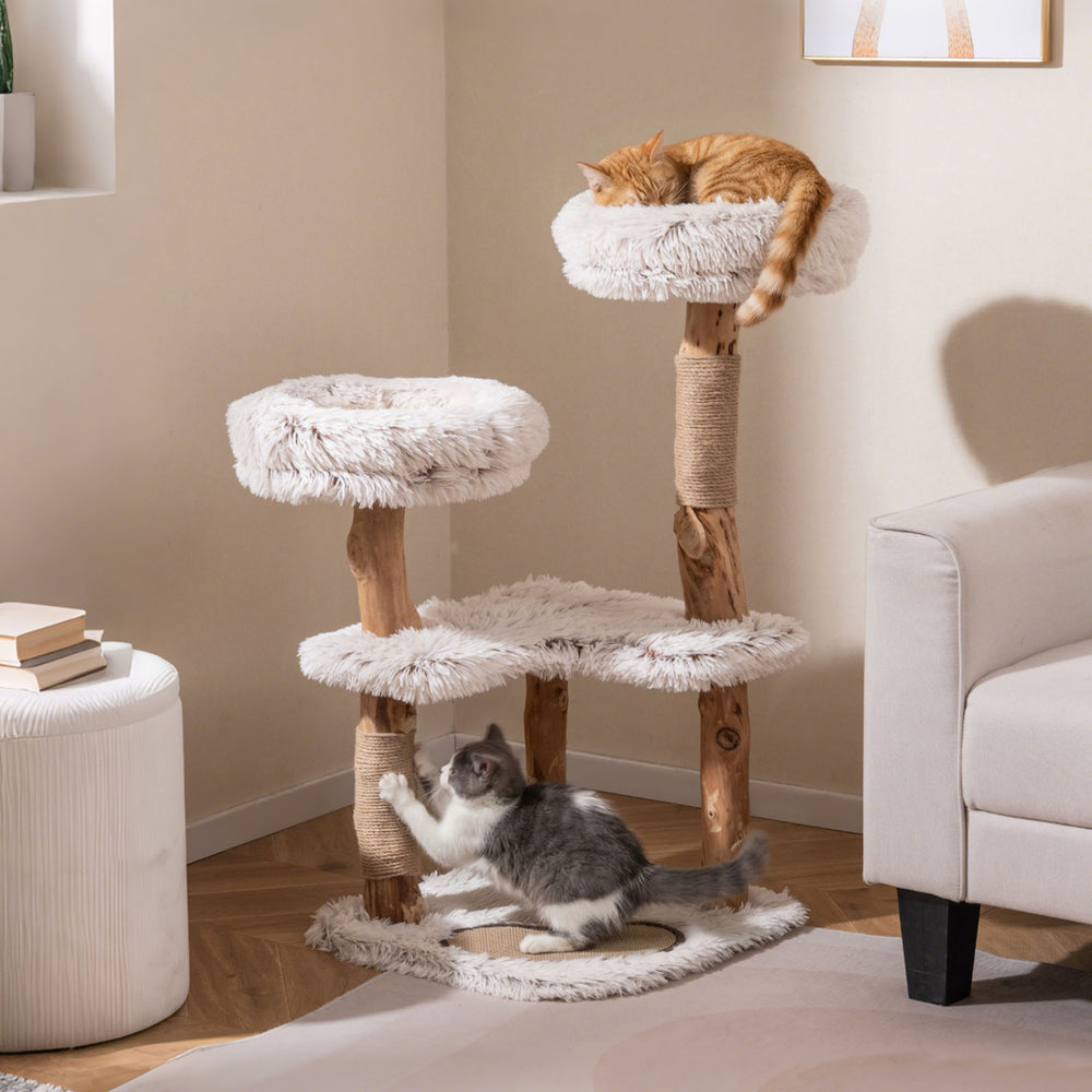 Modern 40” cat tree tower features luxury real wood branches, two padded perches, and scratching posts for active cats.