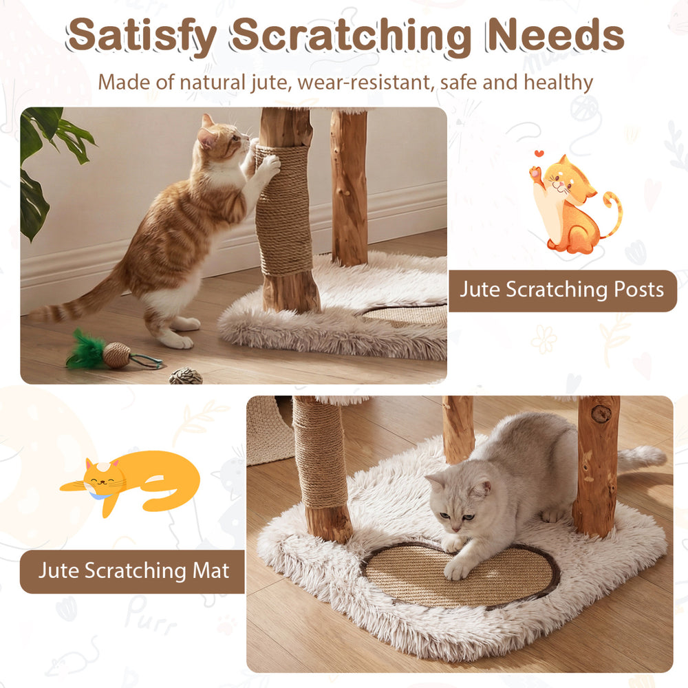 Jute scratching mat and posts on a modern cat tree tower with natural wood branches for healthy scratching and lounging.