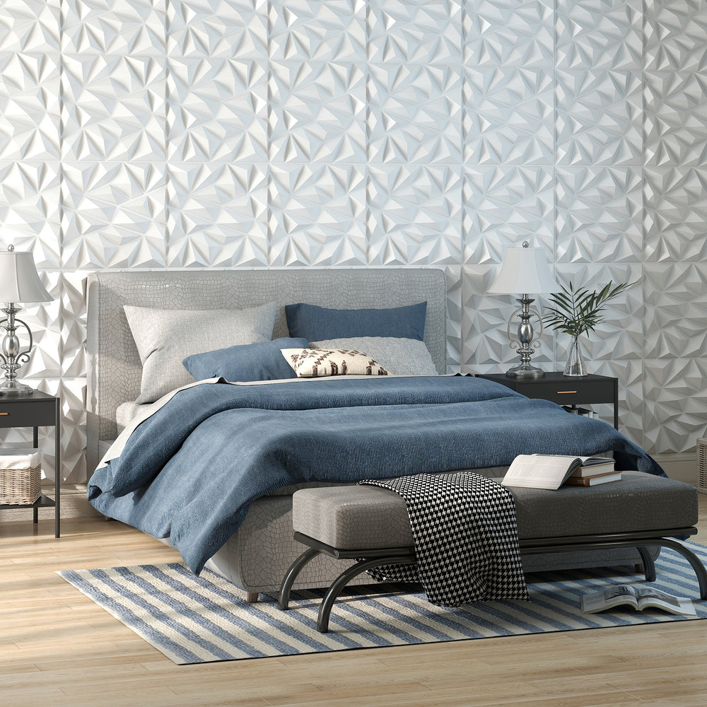 3D wall panels with decorative diamond patterns in white, made from lightweight PVC for easy installation and.