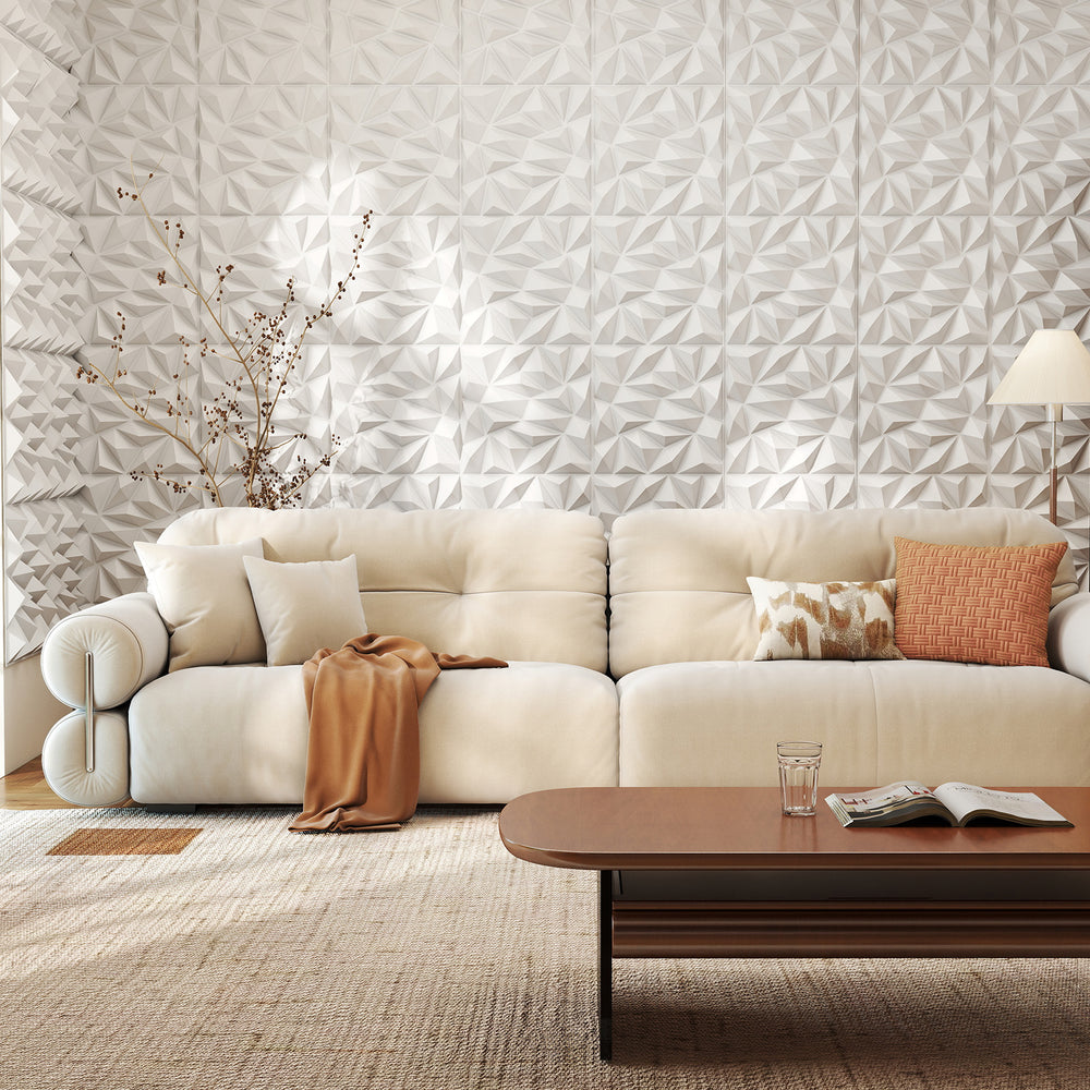 Lightweight 3D wall panels in white with decorative diamond patterns, ideal for stylish interior decoration.
