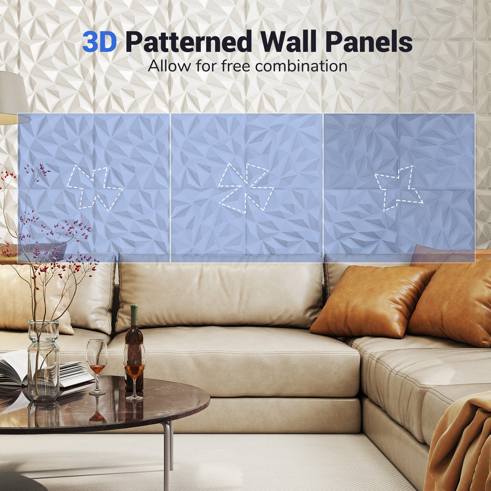 Three 3D patterned wall panels in white, made from PVC, ideal for DIY decoration and covering up to 111 sq.ft.