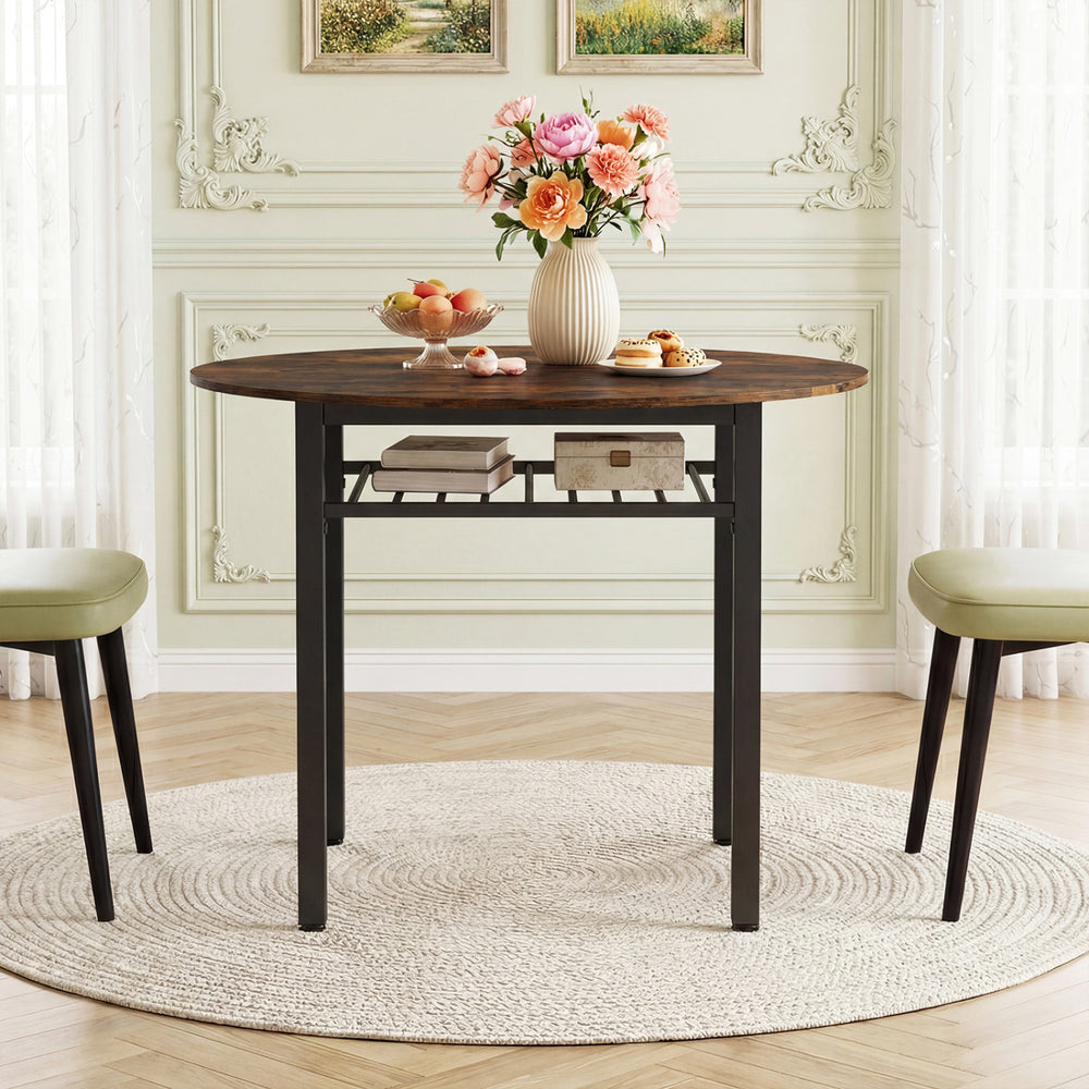 40” Round Kitchen Table with Storage Shelf and Metal Frame for 4 People-Rustic Brown - Gallery View 1 of 5