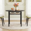 Round 40” kitchen table with gray faux wood grain, metal frame, and built-in storage shelf for organized dining.