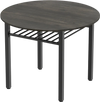 Round 40” gray kitchen table with metal frame and storage shelf, perfect for dining with four people.