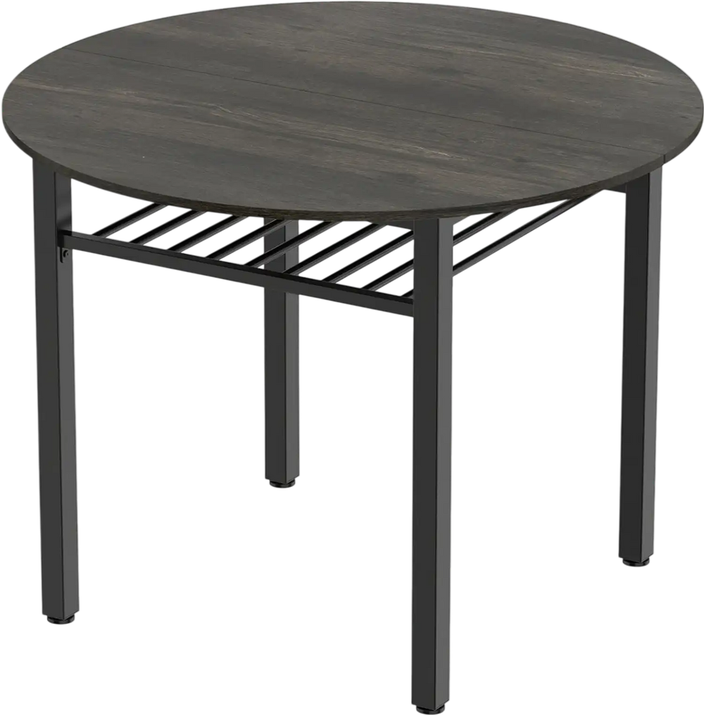 Round 40” gray kitchen table with metal frame and storage shelf, perfect for dining with four people.