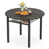 Round 40” gray kitchen table with metal frame and storage shelf, perfect for dining with family and friends.