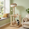 Solid wood cat tree with a space capsule, sisal posts, and removable cushion for active play and cozy napping.