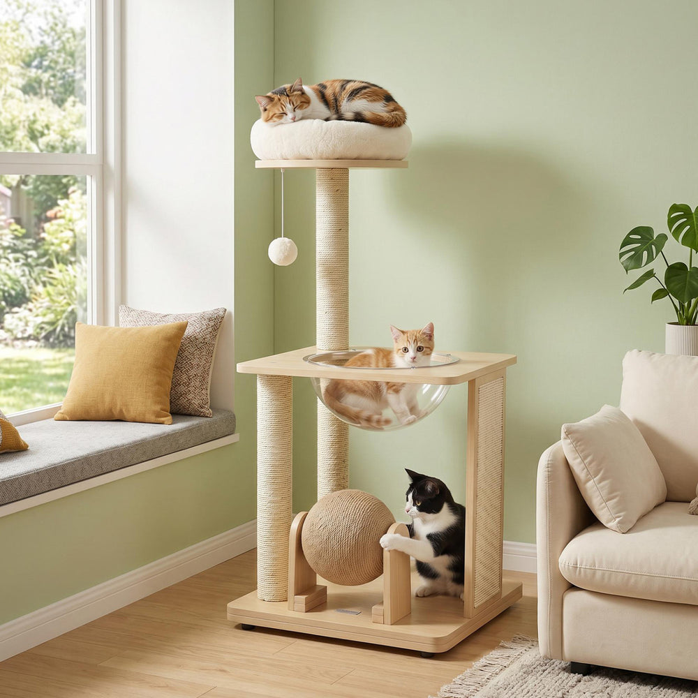 Solid wood cat tree with a space capsule, sisal posts, and removable cushion for active play and cozy napping.