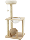 Solid wood cat tree features a cozy top perch, space capsule, sisal posts, and scratching board for healthy play.