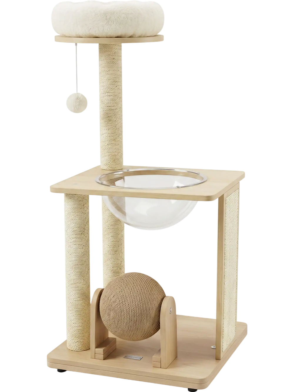 Solid wood cat tree features a cozy top perch, space capsule, sisal posts, and scratching board for healthy play.