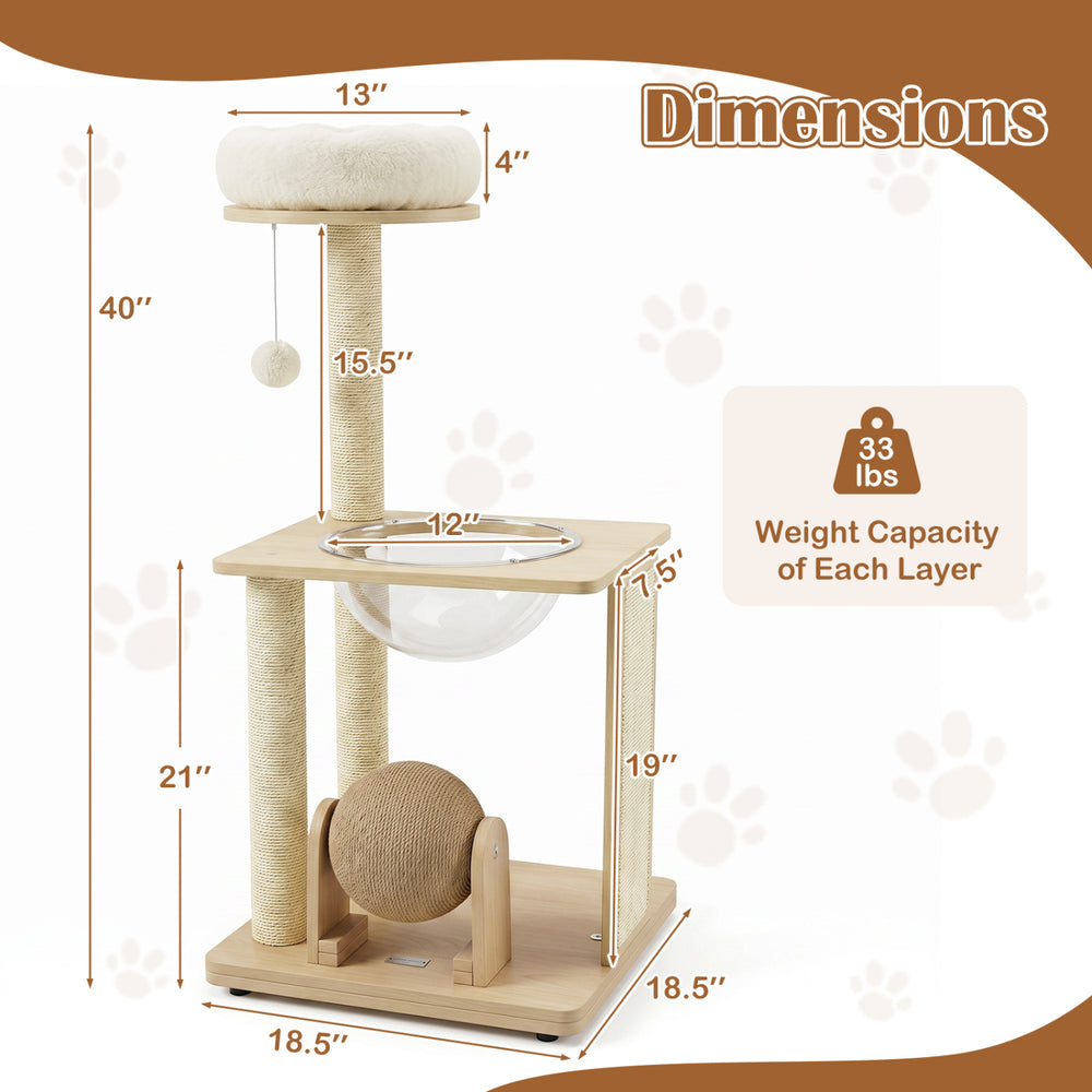 40" solid wood cat tree features a cozy space capsule, sisal posts, and a removable cushion for playful relaxation.