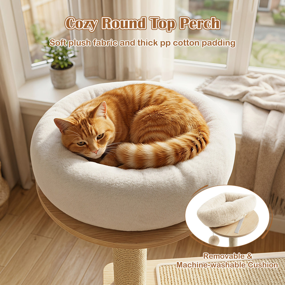 Cozy round top perch with a removable cushion, designed for the 40" solid wood cat tree for comfortable napping.