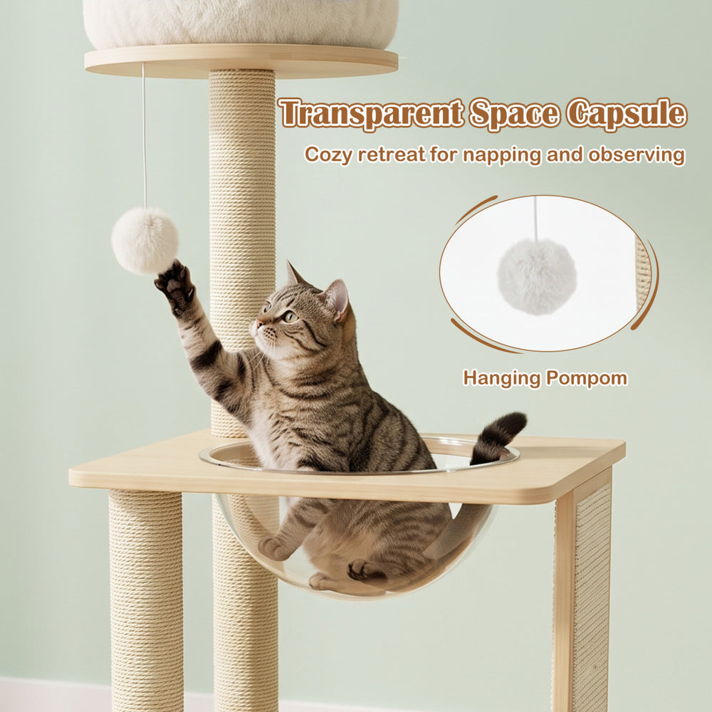 Cozy 40" solid wood cat tree features a space capsule, sisal posts, and a hanging pompom for active play and relaxation.