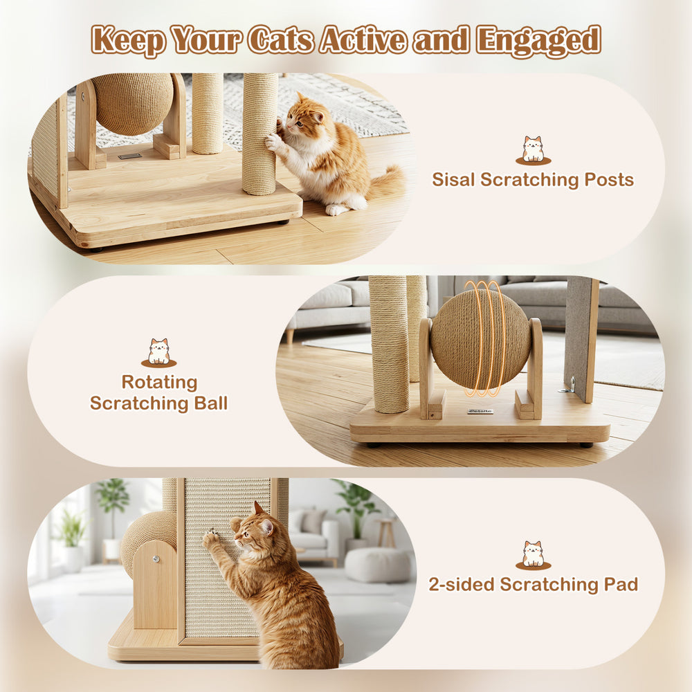 Solid wood cat tree features sisal scratching posts, a cozy space capsule, and a removable cushion for playful engagement.