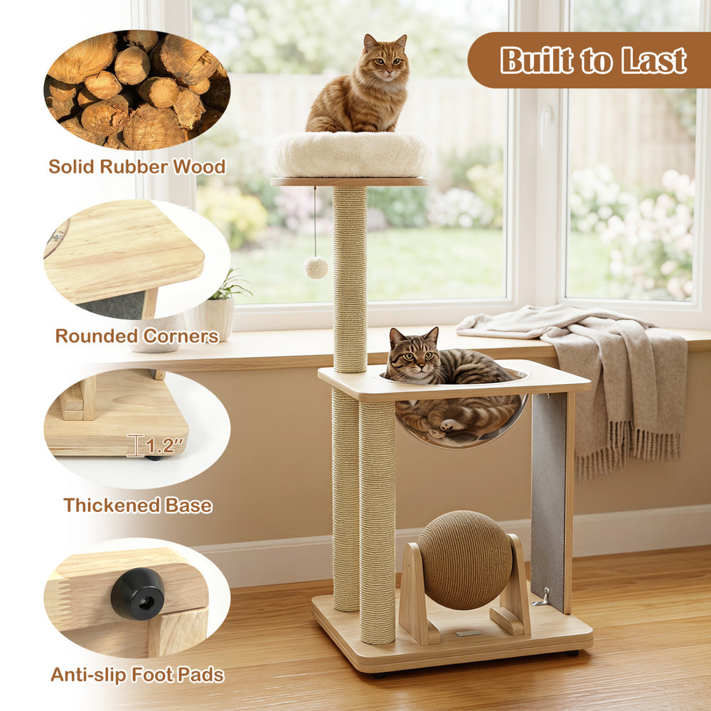 Solid wood cat tree featuring a cozy top perch, space capsule, sisal posts, and anti-slip foot pads for stability.
