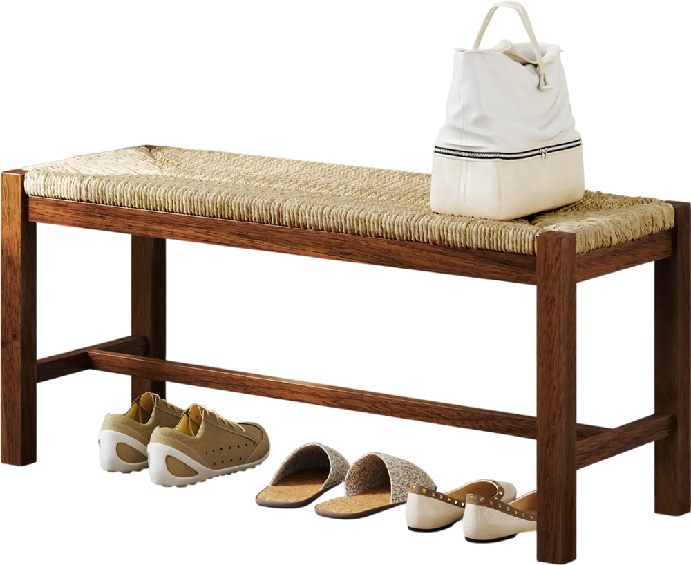 40-inch walnut wood bench with hand-woven seagrass seat, perfect for entryways or dining rooms.