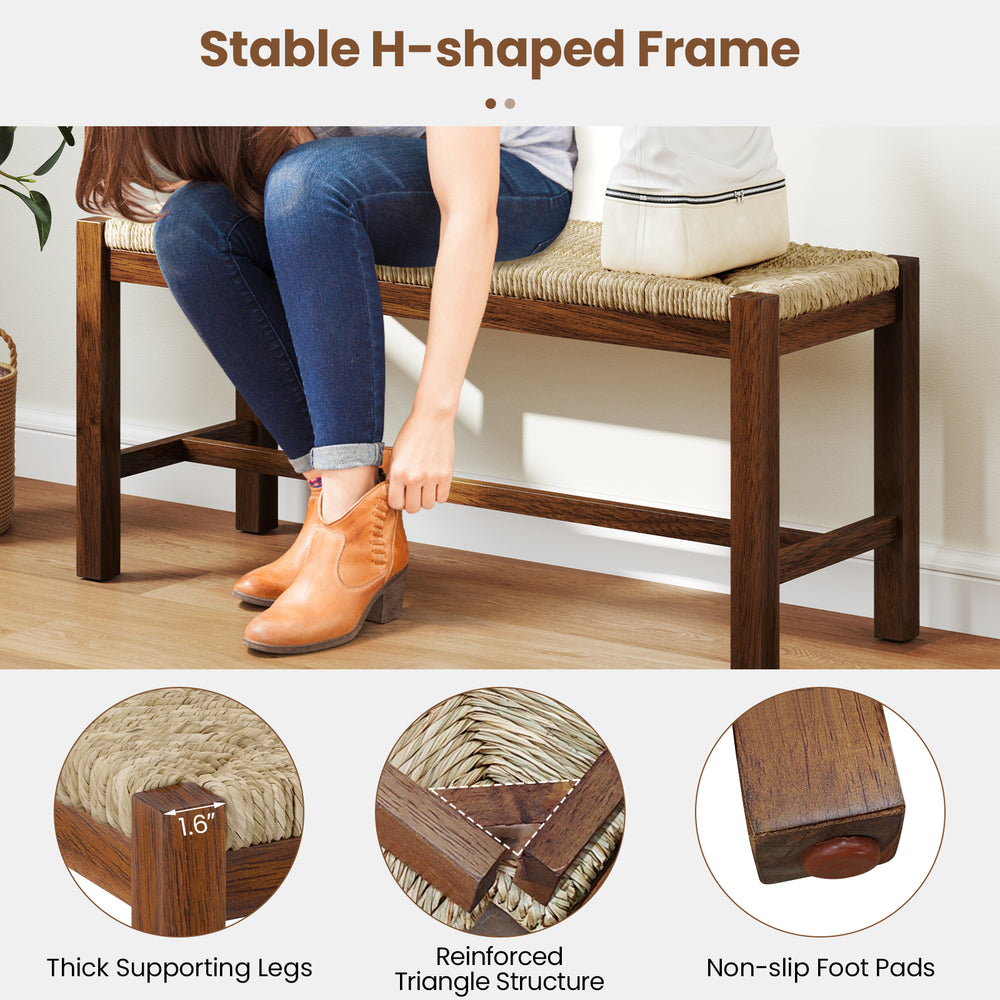 40-inch wood bench with solid rubber wood frame and hand-woven seagrass seat, perfect for entryways or dining rooms.