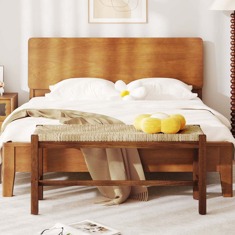 40-inch wood bench with solid rubber wood frame and hand-woven seagrass seat, perfect for bedrooms or entryways.